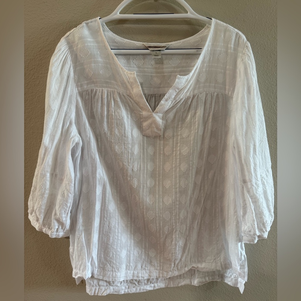 Christopher & Banks 100% Cotton White Split-Neck Textured Peasant Top